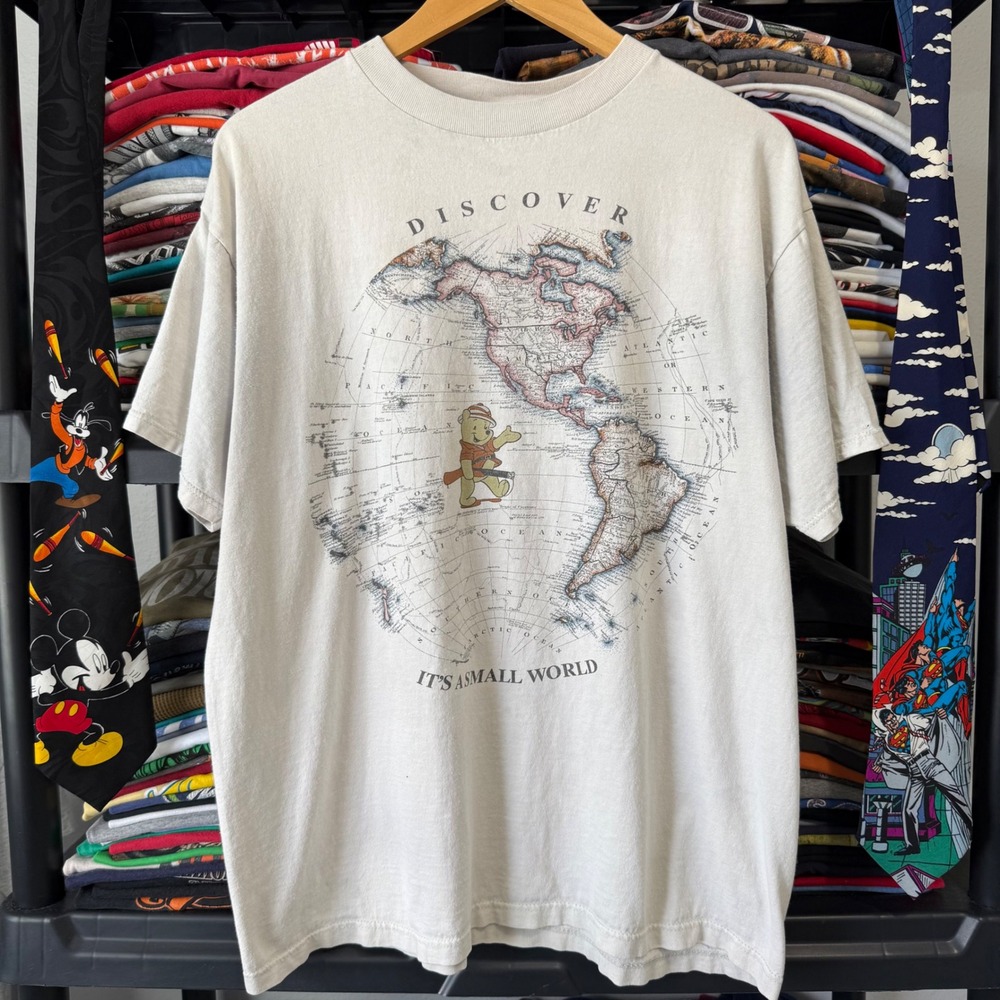 90s Cream Disney Winnie The Pooh Discover World Map Graphic Tee L/XL Light Marks